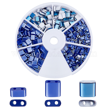 Creatcabin 400 個 3 スタイル 2 ホール ガラス シード ビーズ  不透明な色は光沢の  長方形  スチールブルー  4.5~5.5x2~5.5x2~2.5mm  穴：0.5~0.8mm SEED-CN0001-23-1