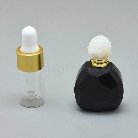 天然黒瑪瑙開閉可能な香水瓶ペンダント  真鍮のパーツとガラスのエッセンシャルオイルのボトル  39~50x26~29x16~21mm  穴：1.2mm  ガラス瓶容量：3ml（0.101液量オンス）  宝石の容量：1ml（0.03液量オンス） G-E556-20F-1