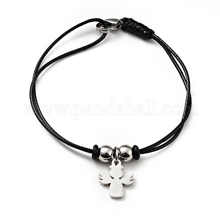 304 Stainless Steel Angel Charm Bracelet with Waxed Cord for Women BJEW-A125-16-1