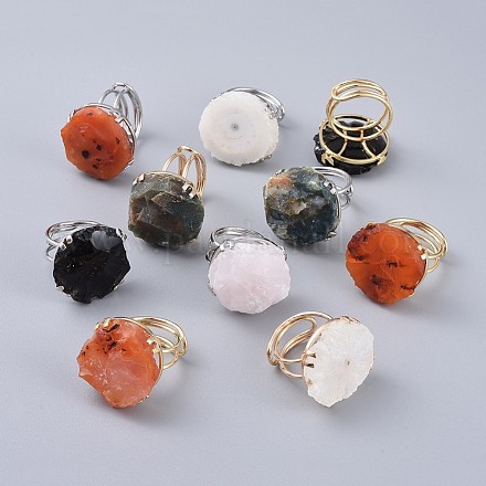 Adjustable Natural Rough Raw Mixed Stone Finger Rings RJEW-F100-1