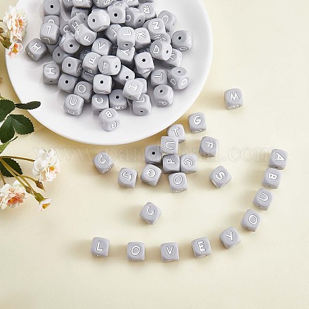 20Pcs Grey Cube Letter Silicone Beads 12x12x12mm Square Dice Alphabet Beads with 2mm Hole Spacer Loose Letter Beads for Bracelet Necklace Jewelry Making JX436R-1
