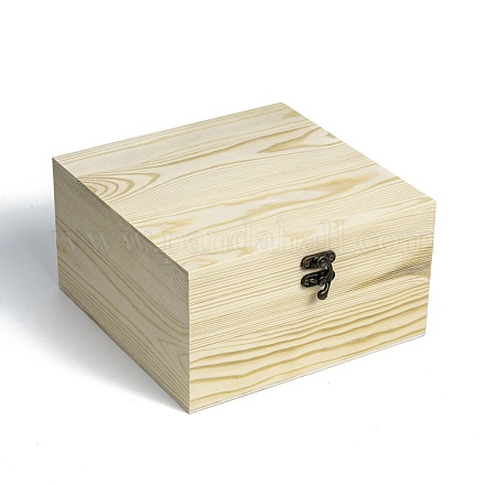 未完成の木製収納ボックス  天然松材ギフトボックス  レトロな鉄の留め金付き  正方形  淡黄色  20x20x11cm CON-C008-05C-1