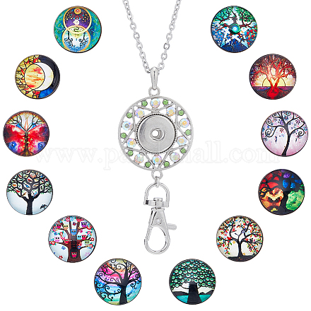 SUNNYCLUE 1 Box 12 Styles ID Badge Lanyards Tree of Life Snap Button Lanyard Necklace Breakaway Women Teacher Fancy Rhinestone Lanyard Interchangeable Stainless Steel Necklace Chain for Badge Holders DIY-SC0023-28-1