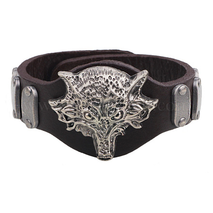 Punk Rock Wolf Alloy Cowhide Cord Studded Bracelets BJEW-P0001-26B-1