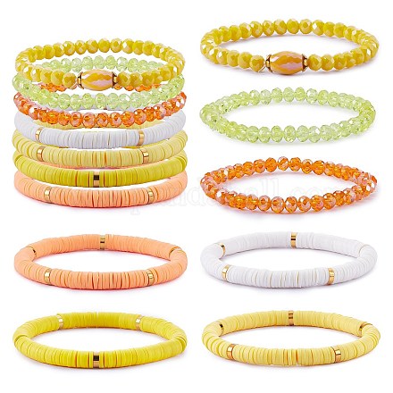 7 pièces 7 style fait à la main en argile polymère heishi surfeur ensemble de bracelets extensibles BJEW-SW00073-02-1