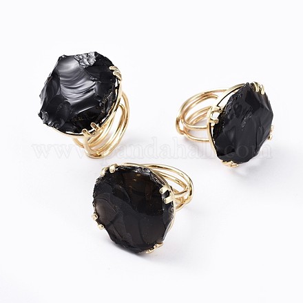 Adjustable Natural Rough Raw Obsidian Finger Rings RJEW-F100-05G-1