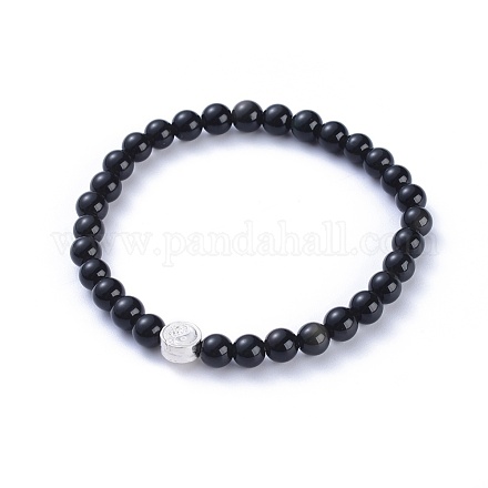 Braccialetti elasticizzati con perline di ossidiana naturale feng shui BJEW-JB05021-01-1