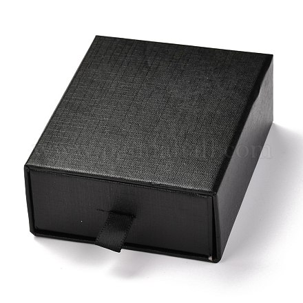 長方形の紙の引き出しボックス  黒のスポンジとポリエステルロープ付き  ブレスレットとリング用  ブラック  9.2x7.4x3.5cm CON-J004-02A-05-1