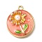 Alloy Enamel Pendants, with ABS Imitation Pearl, Flat Round with Flower, Rack Plating, Long-Lasting Plated, Lead Free & Cadmium Free & Nickel Free, Golden, Light Salmon, 24x20.5x6mm, Hole: 1.8mm