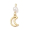 Natural Cultured Freshwater Pearl & Brass Pendants, Moon Charms, Rack Plating, Cadmium Free & Lead Free, Long-Lasting Plated, Real 18K Gold Plated, 24x8.5x5.5mm, Hole: 1.8mm