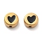 Ion Plating(IP) 304 Stainless Steel Beads, with Enamel, Real 18K Gold Plated, Flat Round with Heart, Black, 10x4.5mm, Hole: 1.6mm