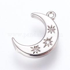 Encantos de latón, sin plomo y cadmio, con circonita, luna, Platino, 16x10x2mm, agujero: 1.2~1.5 mm