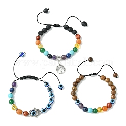 3 juego de pulseras trenzadas con cuentas de madera y piedras preciosas de chakras de 3 estilos&nbsp;BJEW-JB10905