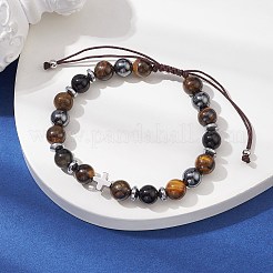 Natürliche Tigerauge- und Obsidian-Armbänder mit runden und kreuzgeflochtenen Messingperlen&nbsp;BJEW-JB09704-01