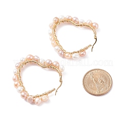 Orecchini a cerchio grandi da donna con cuore avvolto in filo di perle naturali&nbsp;EJEW-JE04796-01