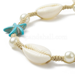 Armband aus synthetischen türkisfarbenen (gefärbten) Seesternen und natürlichen Muscheln sowie geflochtenen Glasperlen&nbsp;BJEW-TA00218