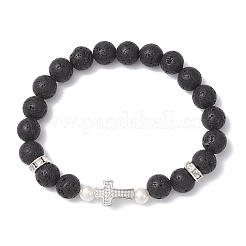 Bracciali elasticizzati con perle tonde in pietra lavica naturale&nbsp;BJEW-JB11807-02