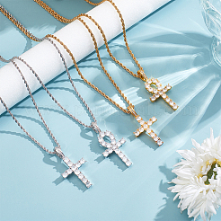 4 collier pendentif croix en acier inoxydable 304 de style 4 avec zircone cubique et chaînes en laiton&nbsp;NJEW-AN0001-81