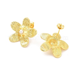 Pendientes de botón con perlas de imitación ABS y latón con forma de flor chapada en rack&nbsp;EJEW-M029-03G