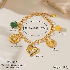 Braccialetti da donna in acciaio inossidabile 304 con ciondoli ovali a forma di cuore testurizzato e perline cuboidali in resina verde.&nbsp;WG56DF2-01