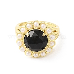 Anello regolabile con fiore di pietra preziosa mista naturale placcato ionico (ip) con perline di plastica&nbsp;RJEW-E075-02G
