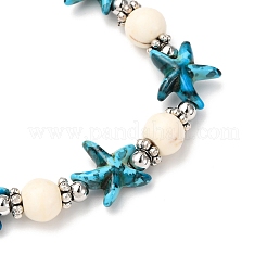 Pulseras elásticas de cuentas de turquesa sintética y latón con forma de estrella de mar&nbsp;BJEW-JB12408-03