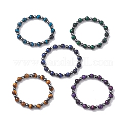 Pulseras elásticas redondas de ojo de tigre natural y hematita sintética no magnética para mujer.&nbsp;BJEW-JB12764