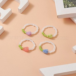 Blumenknospen-Stretchring aus synthetischer Koralle und Glassamenperlen für Frauen&nbsp;RJEW-JR00557