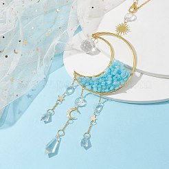 Mit Draht umwickelte natürliche weiße Jade-Chips und Mond-Anhängerdekorationen aus Messing&nbsp;HJEW-JM01504-03
