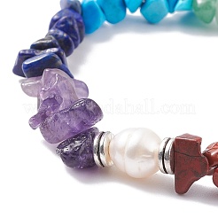 Bracelet extensible perlé avec éclats de pierres précieuses mélangées et perle naturelle&nbsp;BJEW-JB08166-01