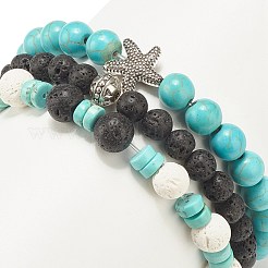 3 pièces 3 bracelets extensibles en perles de pierres précieuses mélangées naturelles et synthétiques de style serti d'étoiles de mer en alliage pour les femmes&nbsp;BJEW-JB08185