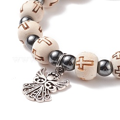 Stretch-Armband aus Holz und synthetischem Hämatit mit Engelsanhängern aus Legierung&nbsp;BJEW-JB08489