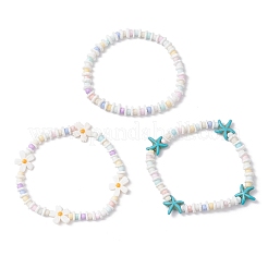 3 Stück 3 Stile natürliche Süßwassermuschel & synthetischer Türkis & Bunte Malerei-Perlen-Stretch-Armbänder für Frauen&nbsp;BJEW-JB12466