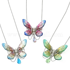 Collier pendentif papillon 3D en résine époxy bicolore et acier inoxydable 304 pour femme (3 pièce).&nbsp;NJEW-TA00237