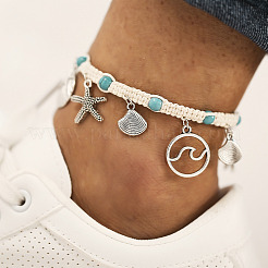 Bracelets de cheville tressés en alliage de style bohème avec breloques d'animaux marins&nbsp;FS-WGB3C8E-01