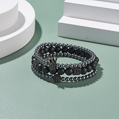 3 pièces 3 style rond synthétique noir pierre et hématite perlé ensemble de bracelets extensibles&nbsp;BJEW-JB07688-02