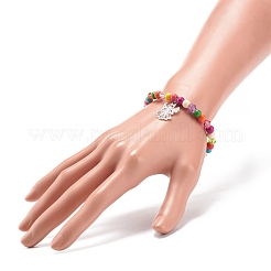 Bracciale elasticizzato con perline acriliche e turchese sintetico (tinto) con ciondolo in lega da donna&nbsp;BJEW-JB08627-04