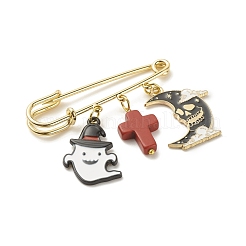 Halloween Ghost & Skull Moon Legierung Emaille Charm Sicherheitsnadel mit synthetischem türkisfarbenem Kreuz&nbsp;JEWB-BR00069-03