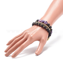 3 pièces 3 style coeur pierre de mica violet naturel et roche de lave et hématite synthétique perlé ensemble de bracelets extensibles&nbsp;BJEW-JB08736