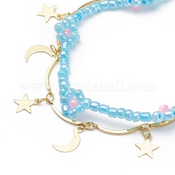Messing-Mond- und Stern-Charms & Saatblumen-doppellagiges mehrsträngiges Armband für Frauen&nbsp;BJEW-JB08849