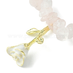 Pulseras elásticas con cuentas de chips de cuarzo rosa natural y dijes de aleación de rosa esmaltada&nbsp;BJEW-JB09561-02