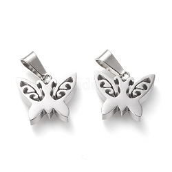 304 Stainless Steel Pendants, Cut-Out, Hollow, Manual Polishing, Butterfly, Stainless Steel Color, 13x15x3.5mm, Hole: 3x7mm