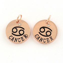 Alloy Pendants, with Rhinestone, Flat Round, with Constellation/Zodiac Sign, Rose Gold, Cancer, 22x2.5mm, Hole: 5.5mm