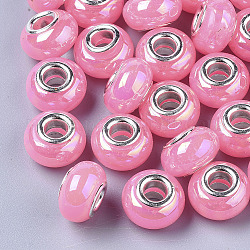 Perle europee in resina opaca, perline con foro grande, imitazione della porcellana, con tono platino ottone doppie core, ab colore, rondelle, perla rosa, 14x9mm, Foro: 5 mm