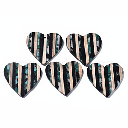 Stripe Resin & Walnut Wood Pendants, Heart, Light Sea Green, 37.5x39x3.5mm, Hole: 2mm