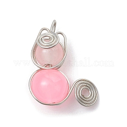 Pendenti con perle di vetro imitazione giada, con filo di rame platino avvolto, ciondoli unicorno, roso, 20x15~16x8~8.5mm, Foro: 2.5 mm
