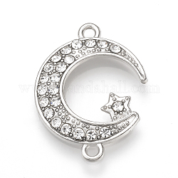 Alloy Rhinestone Links connectors, Moon with Star, Platinum, 24x17.5x2.5mm, Hole: 1mm