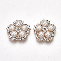 Alloy Cabochons, with ABS Plastic Imitation Pearl and Rhinestone, Flower, Light Gold, Seashell Color, 18x18x6mm
