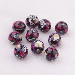 Spray Painted Resin Beads, with Flower Pattern, Round, Black, 10mm, Hole: 2mm