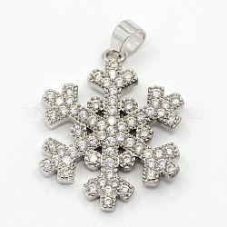 CZ Christmas Jewelry Brass Micro Pave Cubic Zirconia Snowflake Pendants, Platinum, 23x18x2mm, Hole: 3mm